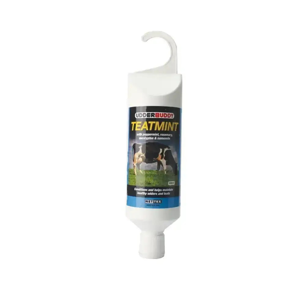 White plastic udderbuddy teatmint with hook and cow images label for soothing cream by nettex agri teatmint