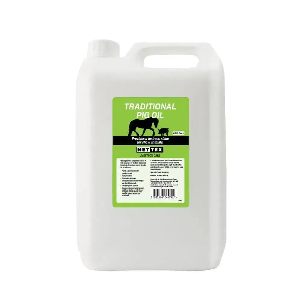 White plastic jug of nettex agri traditional pig oil 4.8 litres with green label for lustrous shine on pigs