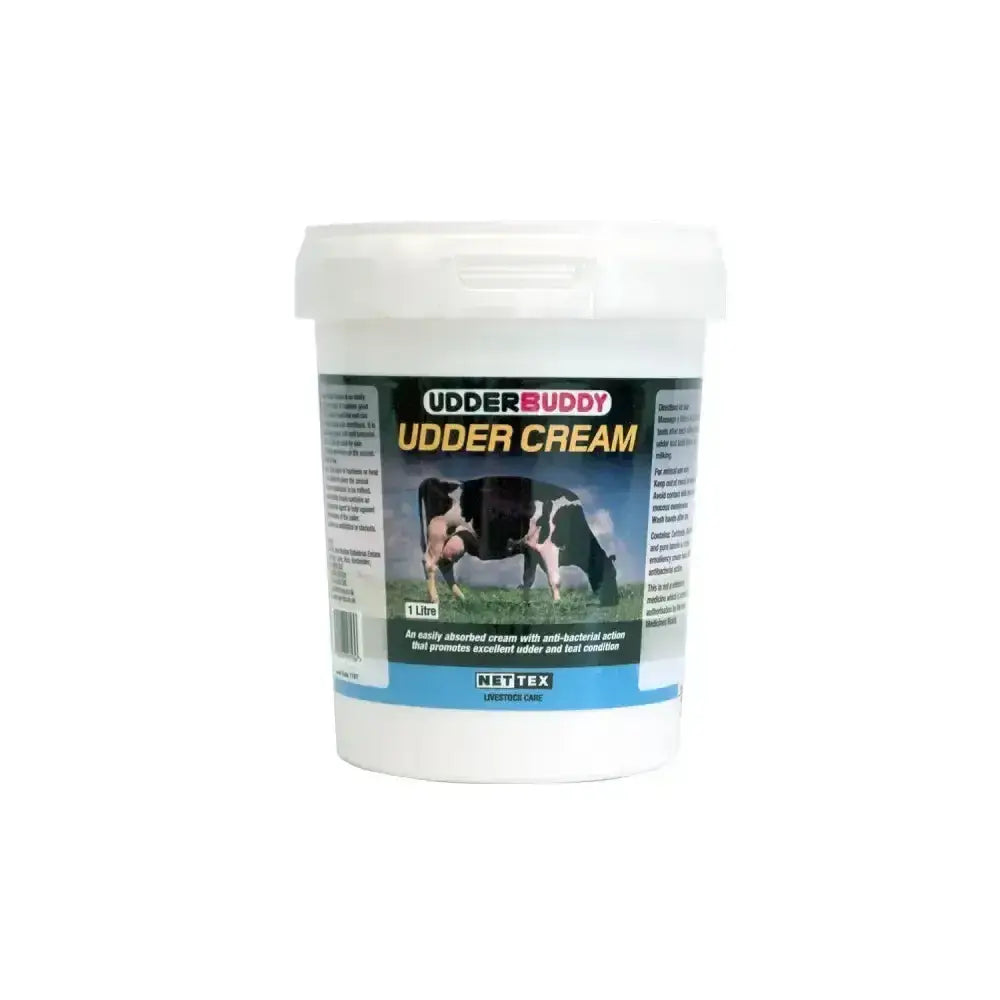 White plastic container of nettex agri udder cream 1 litre aqueous barrier cream for superior skin suppleness in cows