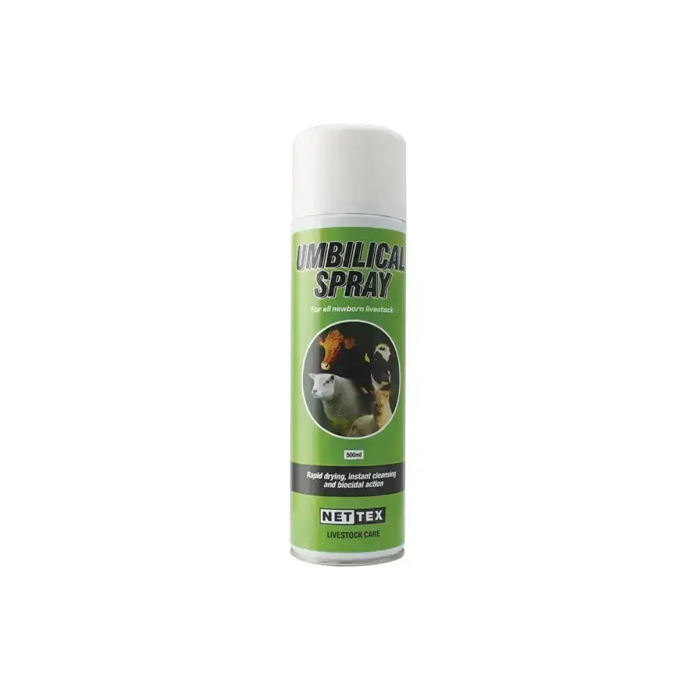 Green and white can of nettex agri umbilical spray broad-spectrum disinfectant for newborn livestock care