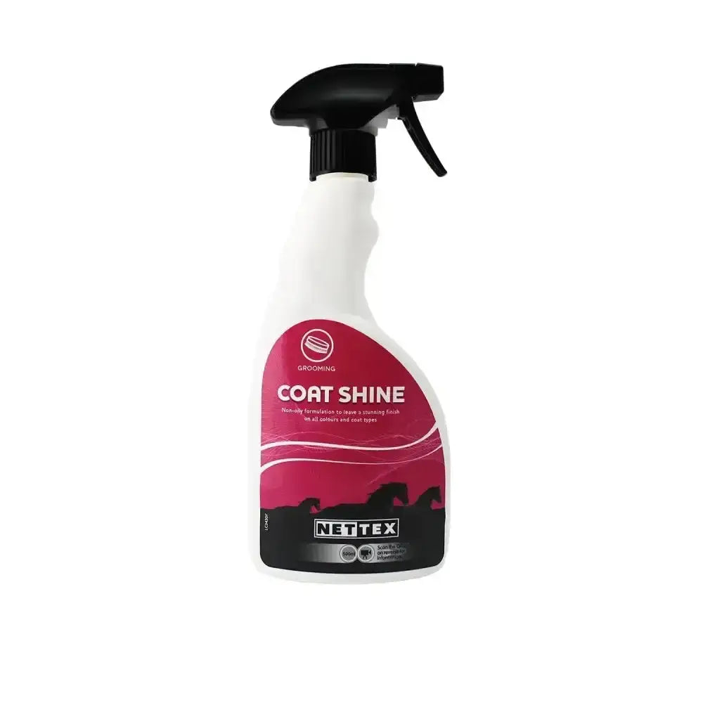 White spray bottle of nette x coat shine with black trigger and pink label for stunning high shine non oily coat dressing