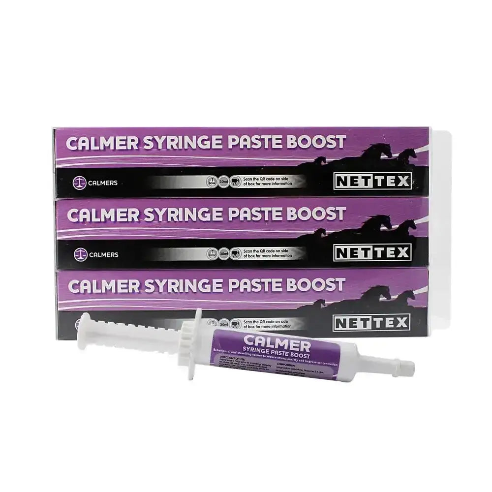 Purple and white nettex equine calmer syringe paste boost in a syringe tube for easy equine calming use