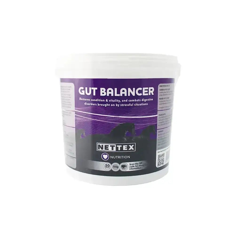 Purple and white labeled plastic container of nettex equine gut balancer with natural yeast formulation for horses