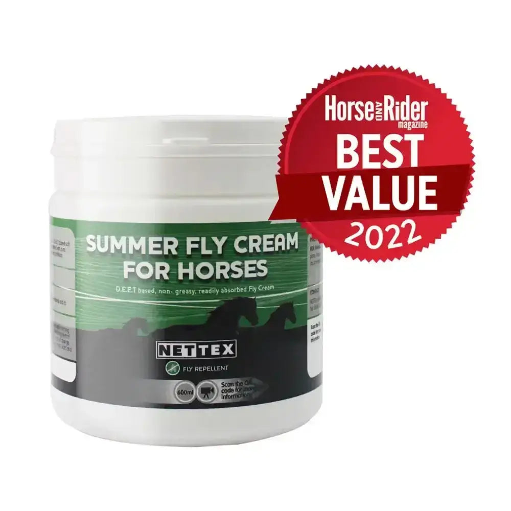 White plastic jar of nettex equine summer fly cream with green and black label showing horse silhouettes for bulk buy