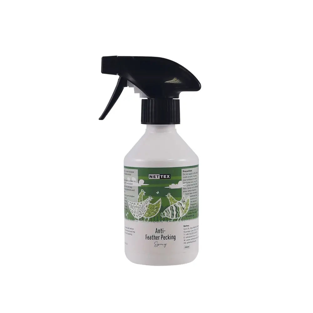 White plastic nettex poultry anti feather pecking spray bottle with black nozzle and green chicken label for feather pecking control