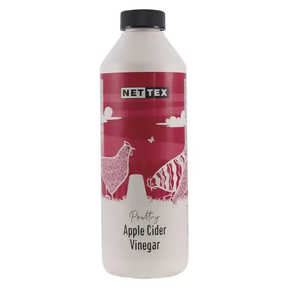 A white plastic bottle with a black cap and red label of nettex poultry apple cider vinegar natural supplement produced for chickens