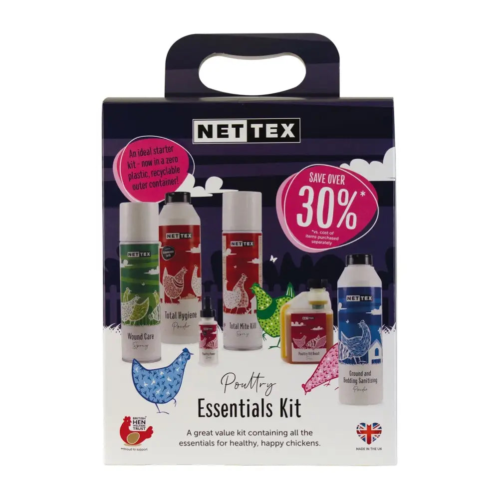 Nettex poultry essentials kit in dark blue and white fully recyclable container with colorful chicken care products