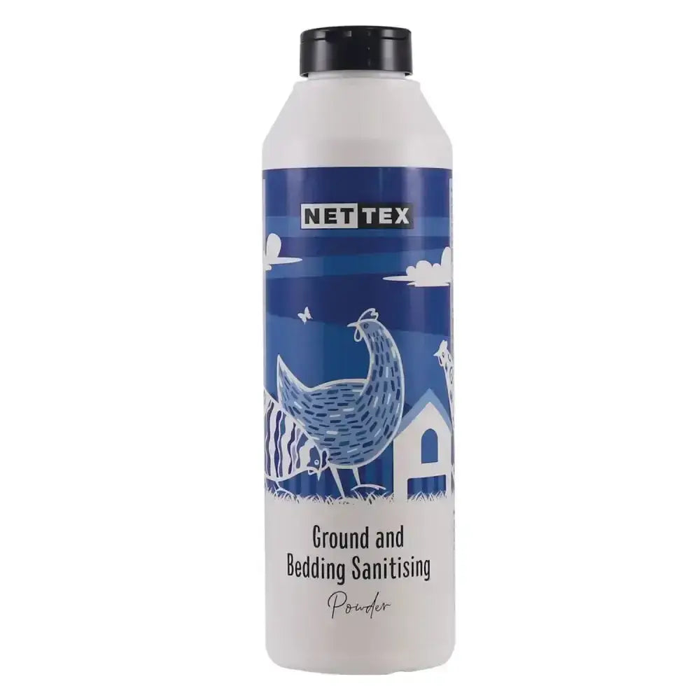 Nettex poultry ground and bedding sanitising powder in white plastic bottle with blue label and farm chicken design