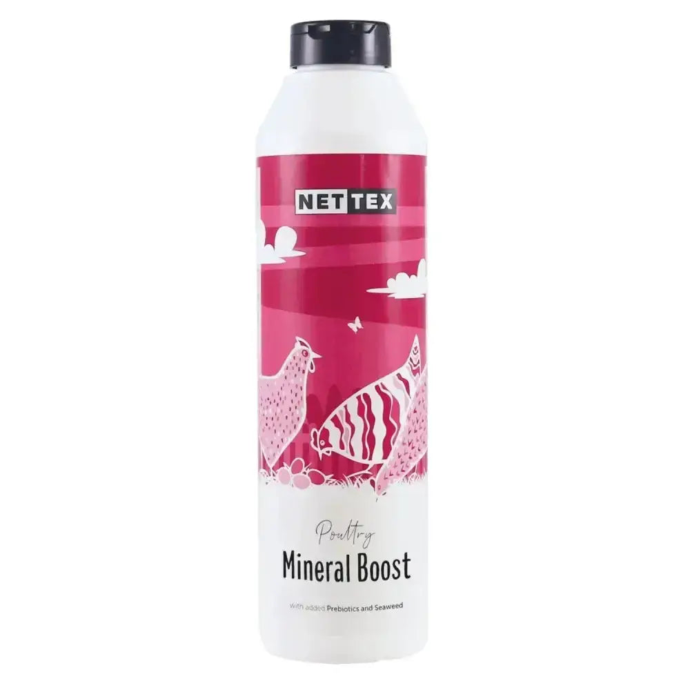 A white plastic bottle with black cap and pink label showing chickens fish and clouds for nettex poultry mineral boost