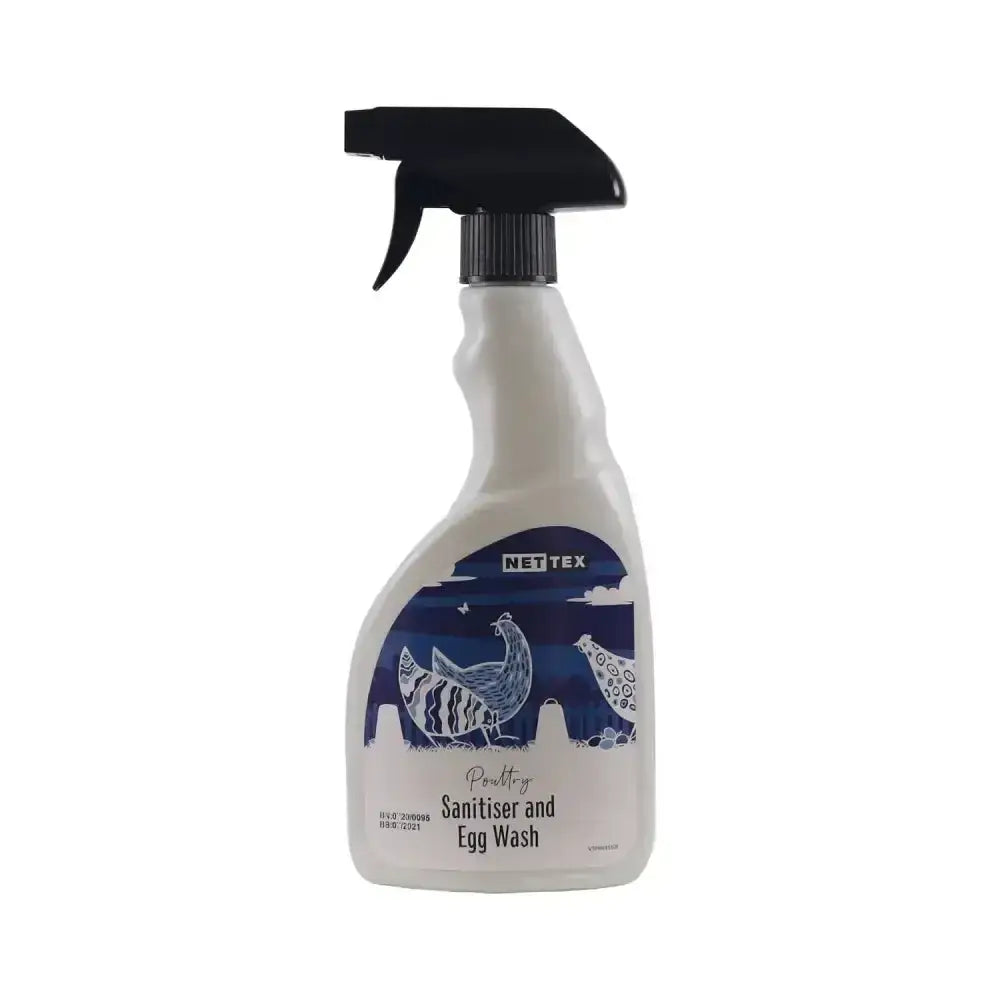 White plastic spray bottle with black nozzle and blue chicken label for nettex poultry sanitiser dual-purpose use