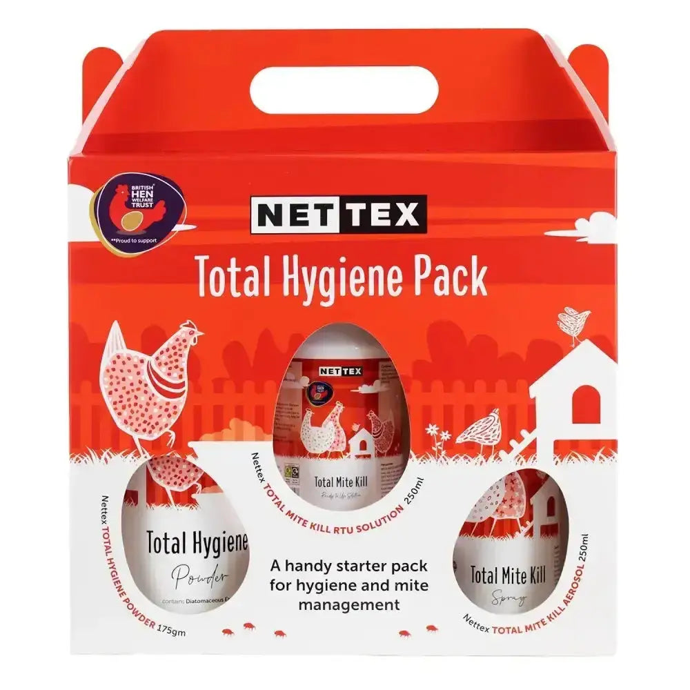 Nettex poultry total hygiene pack in red and white box with poultry powder rtu solution and spray for total hygiene