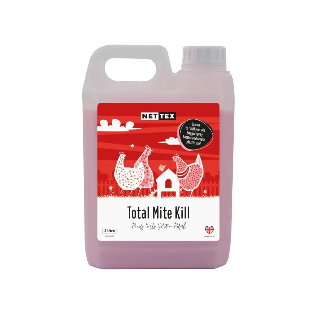 A 2-litre translucent purple plastic jug of nettex poultry total mite kill liquid rtu with red and white label featuring chickens