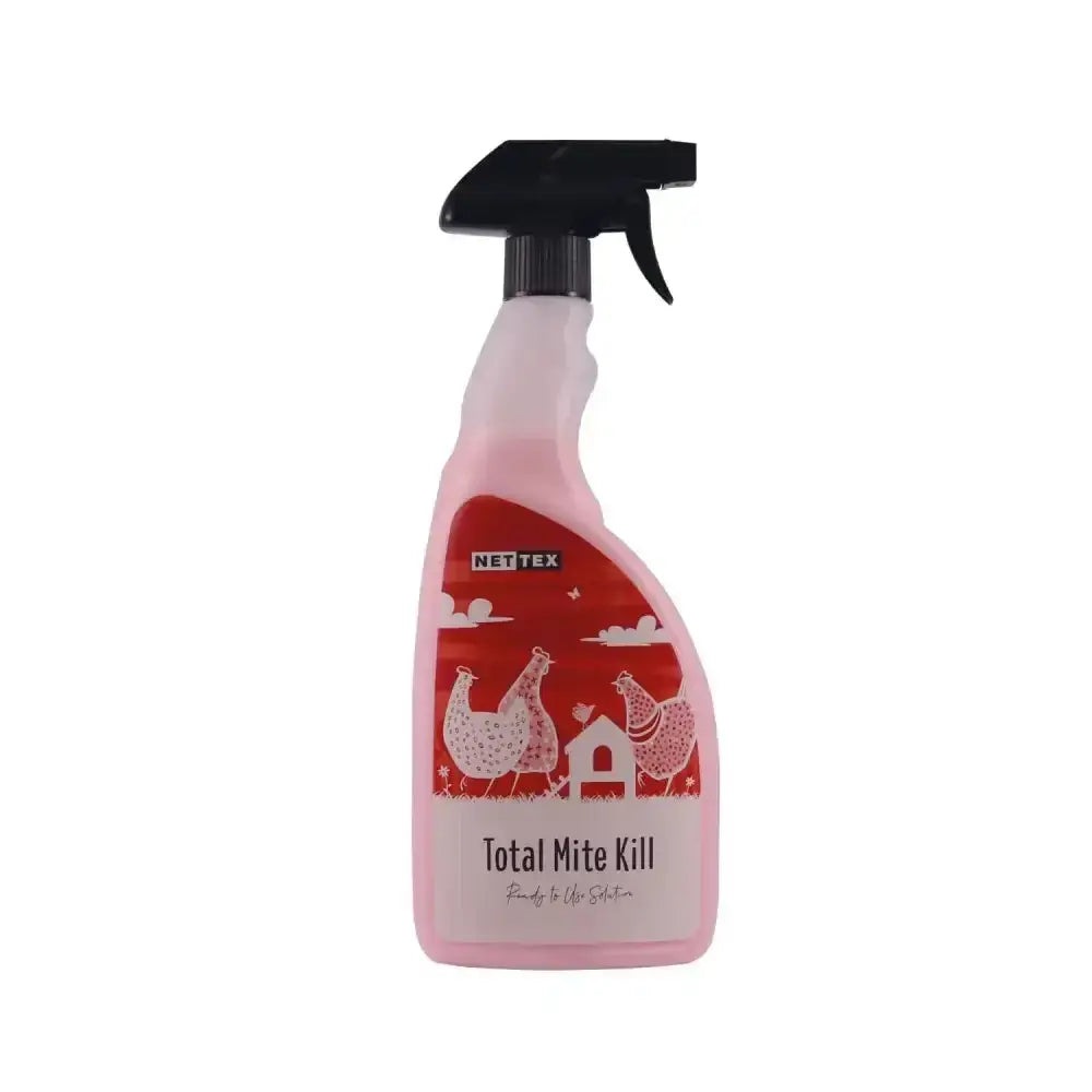 Pink plastic nettex poultry total mite kill spray bottle with black trigger and red label featuring white chickens