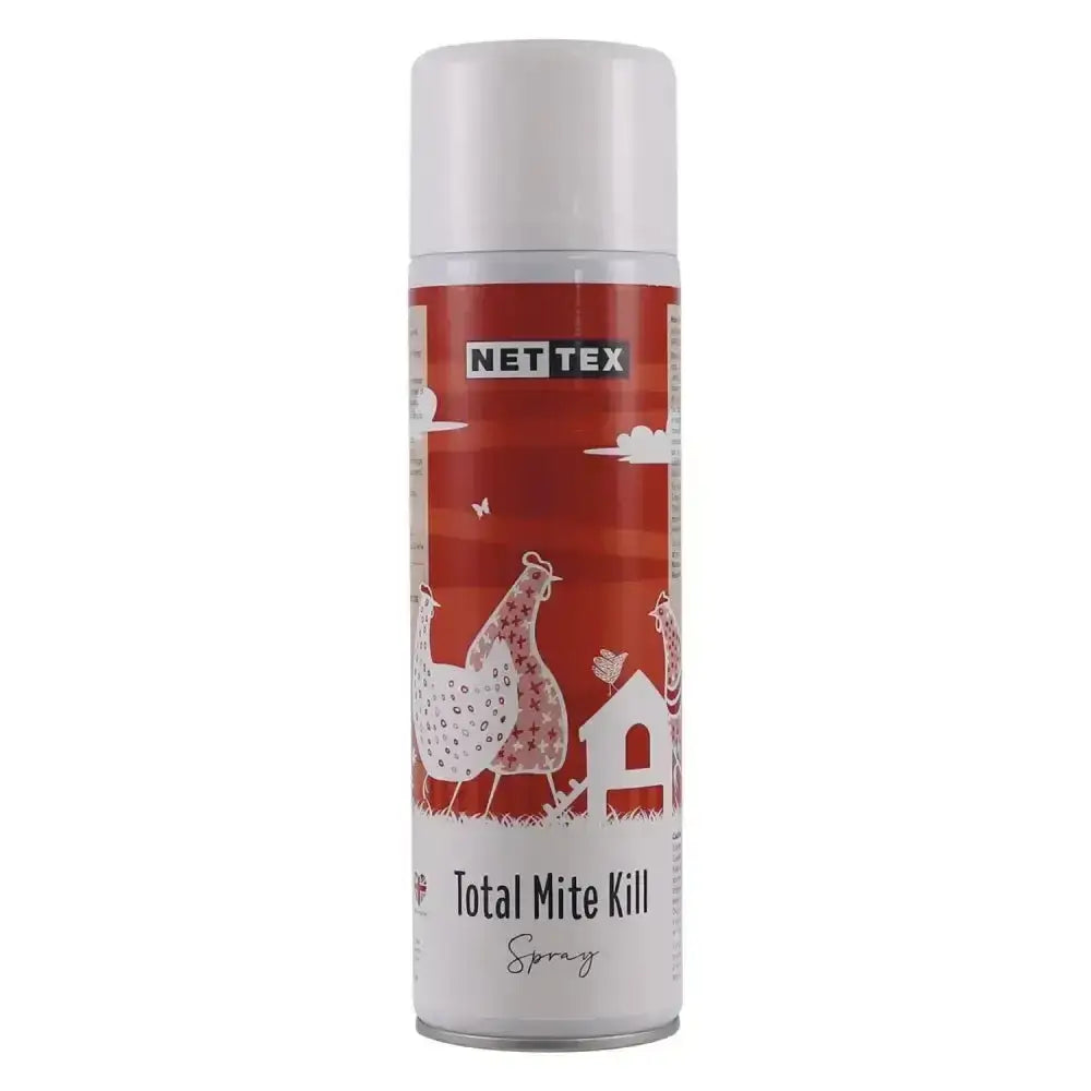 Red and white nettex poultry total mite kill spray with farm-themed chickens is a highly effective insecticidal spray