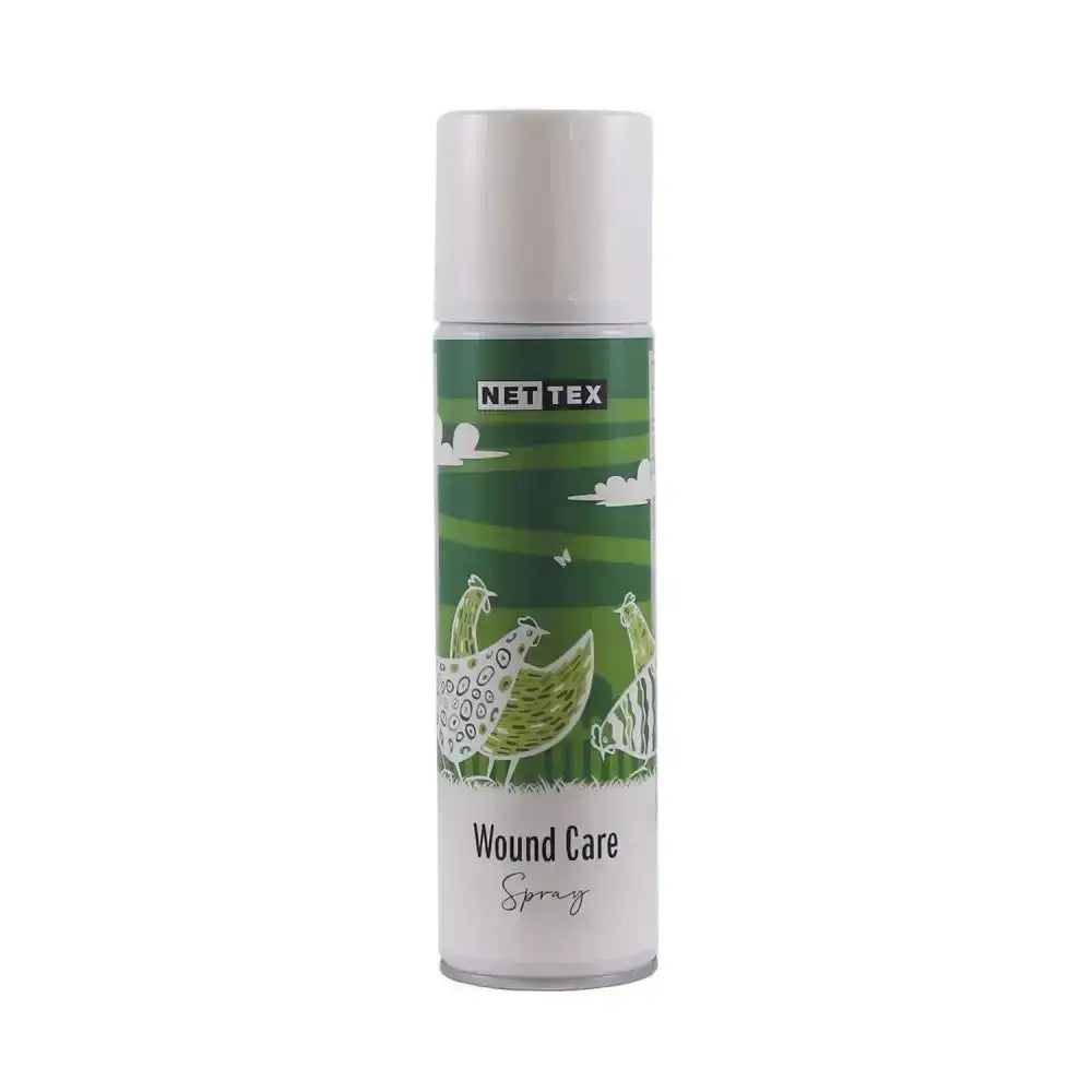 Nettex poultry wound care spray in white aerosol can with green label featuring chickens for highly effective wound cleanser