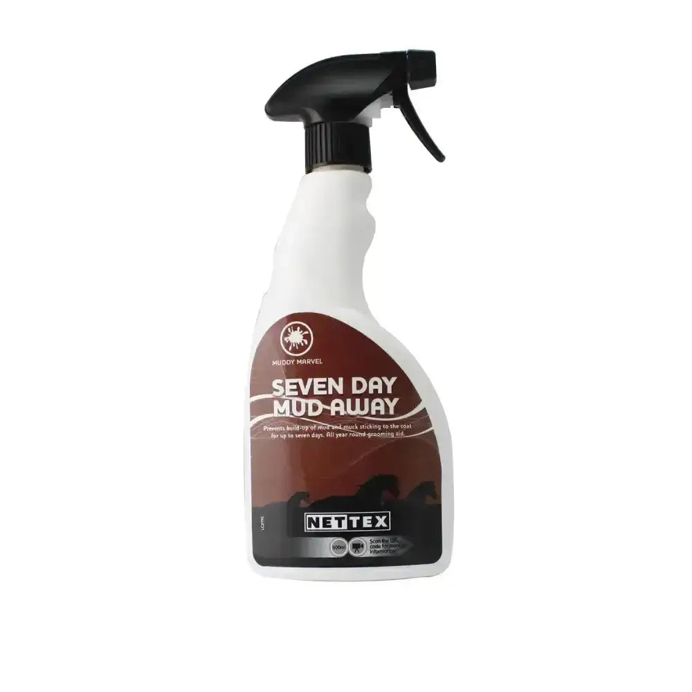 White spray bottle with black trigger and brown label for nettox seven day mud away prevents mud buildup