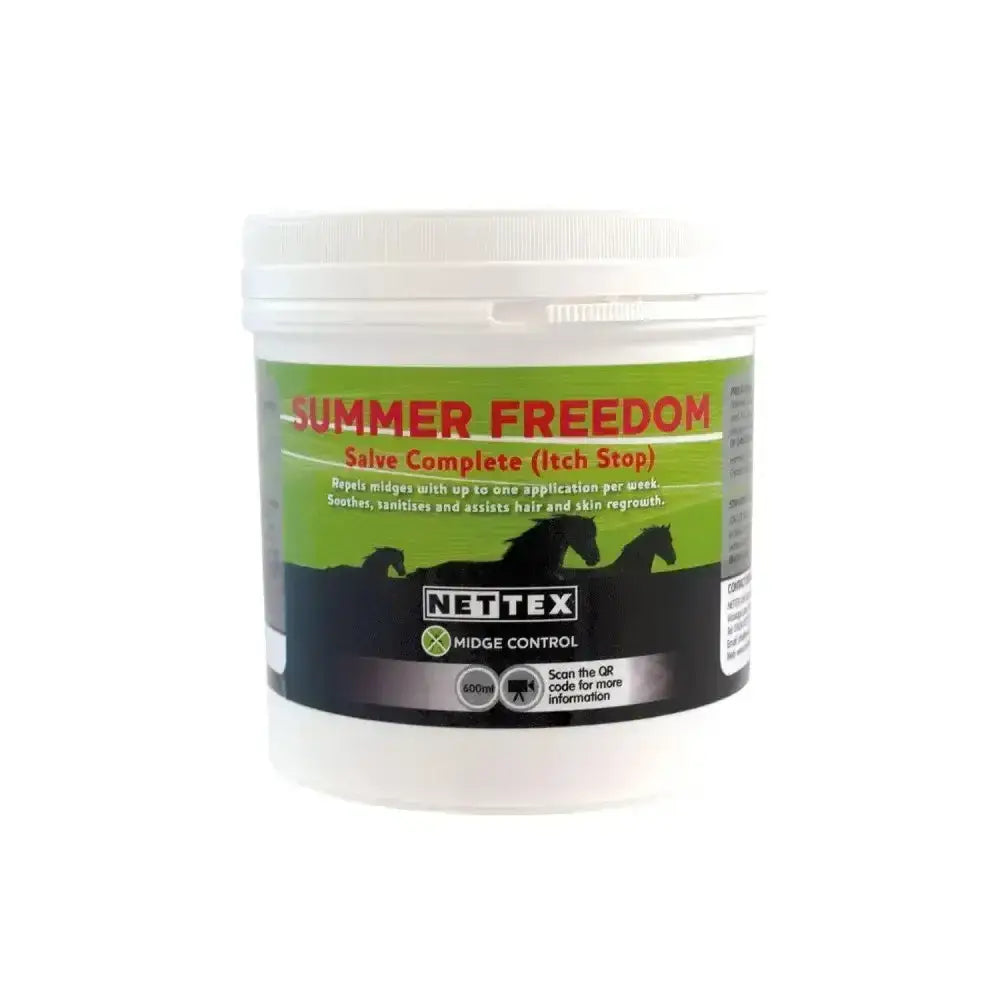White plastic container with green and black label for nettex summer freedom salve horse midge control bulk buy