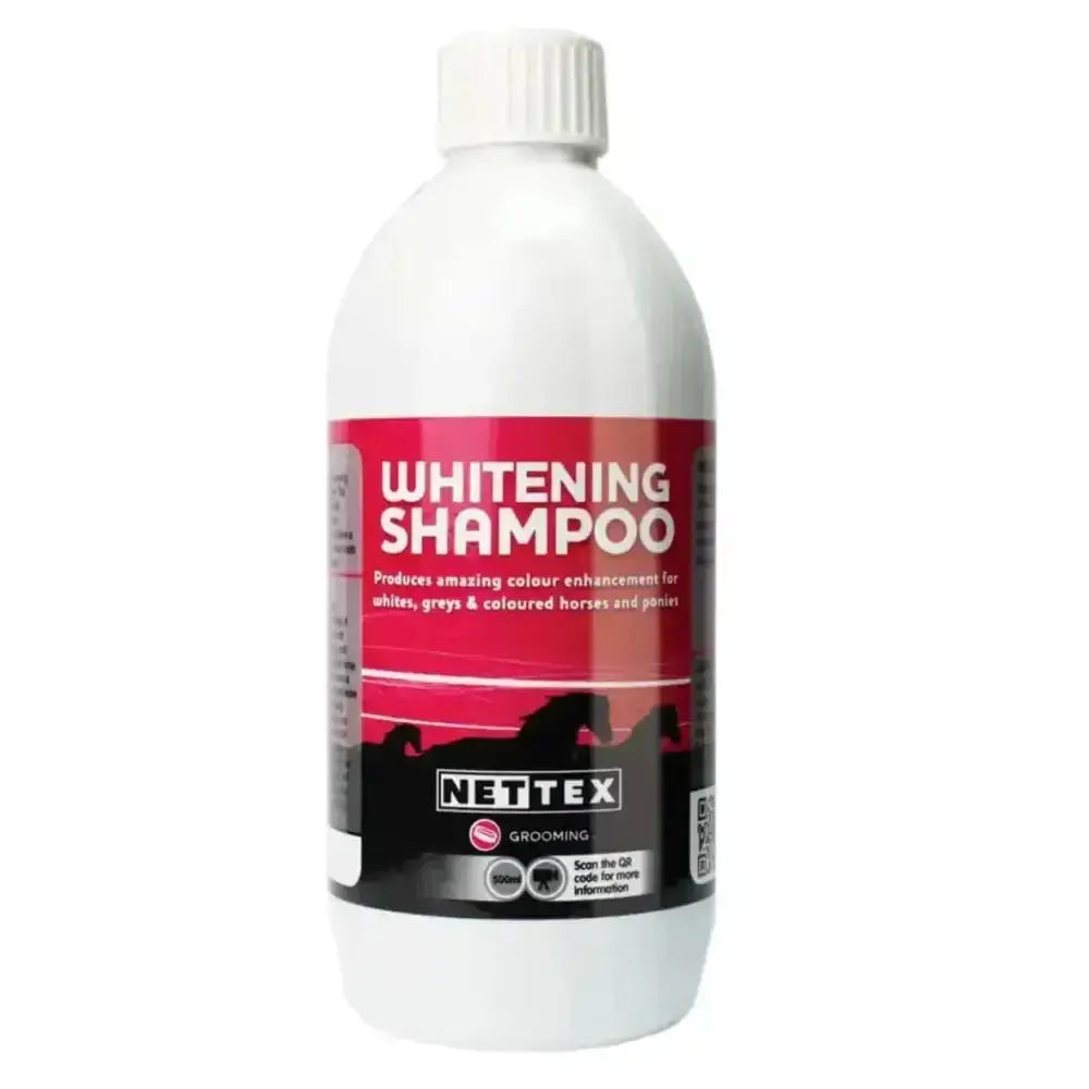 White plastic bottle of nettex whitening horse shampoo with red and black label removes grass stains on horse coats