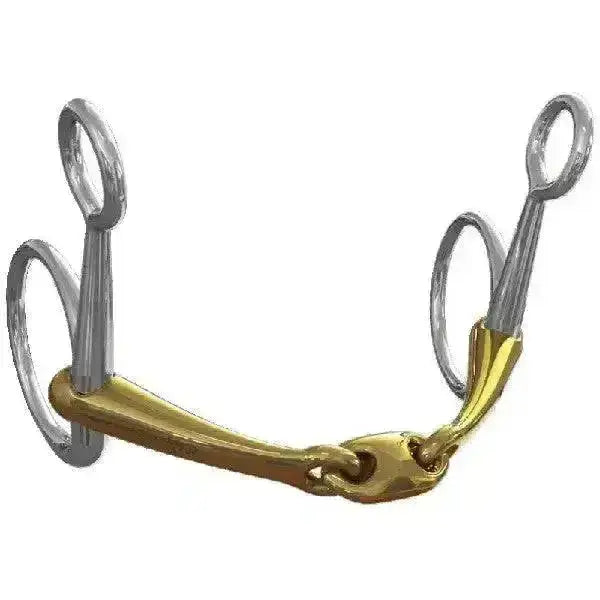 Gold-colored neue schule tranz angled lozenge baucher performance pony bit with silver rings and polished metal finish