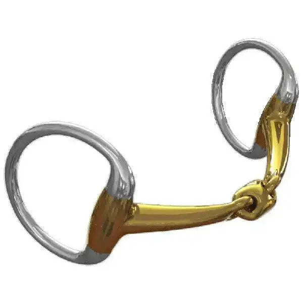 Gold-colored neue schule tranz angled lozenge eggbutt bit with silver rings and polished metallic finish for performance ponies