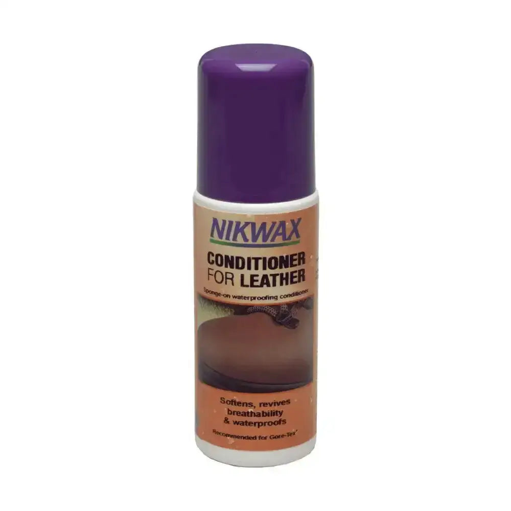 Nikwax conditioner leather conditioner in purple spray bottle with orange label for waxed leathers and sponge-on conditioner use