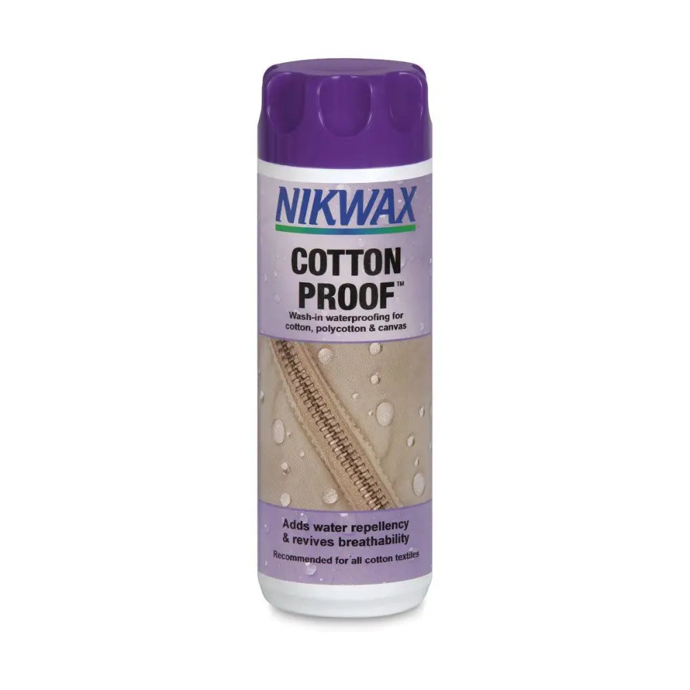 Purple-capped nikwax cotton proof spray for wash-in waterproofing fabric treatments on cotton poly-cotton canvas
