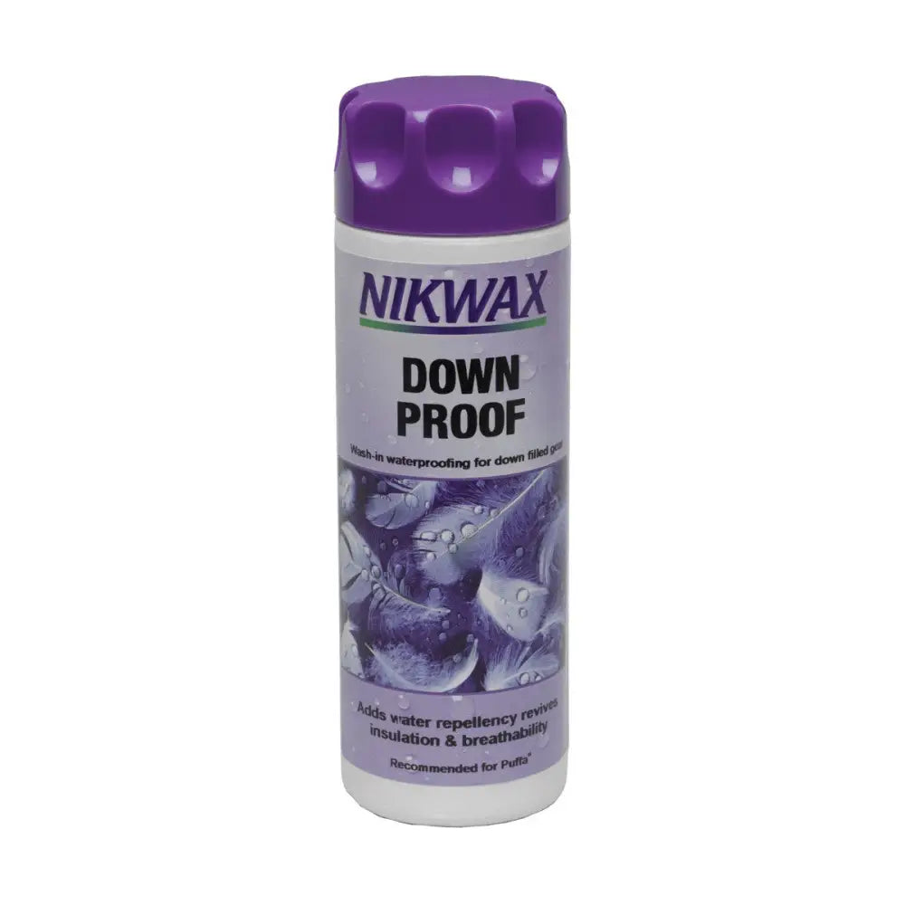 Purple-capped nikwax down proof wash-in waterproofer adds water-repellency to down-filled sleeping bags