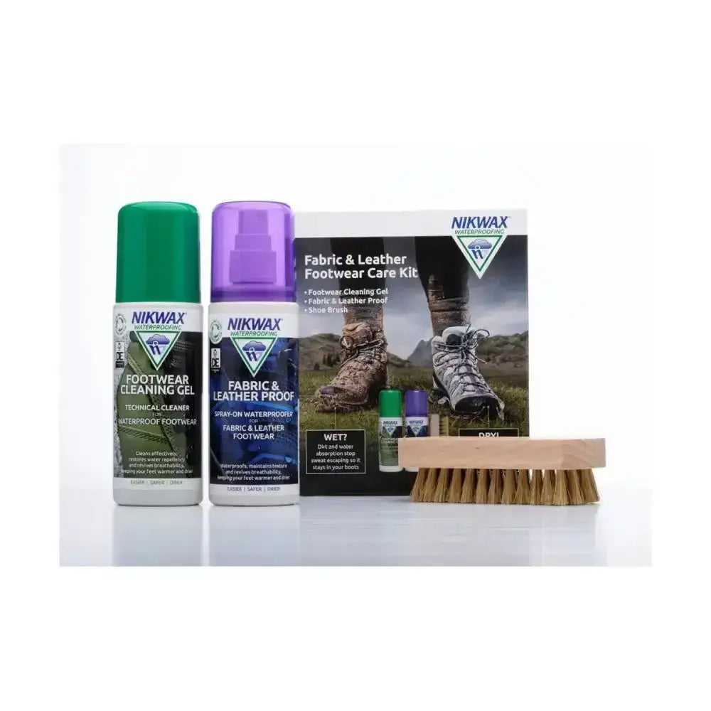 Nikwax fabric and leather proof footcare kit with green and purple spray bottles in a self-selling nikwax branded box