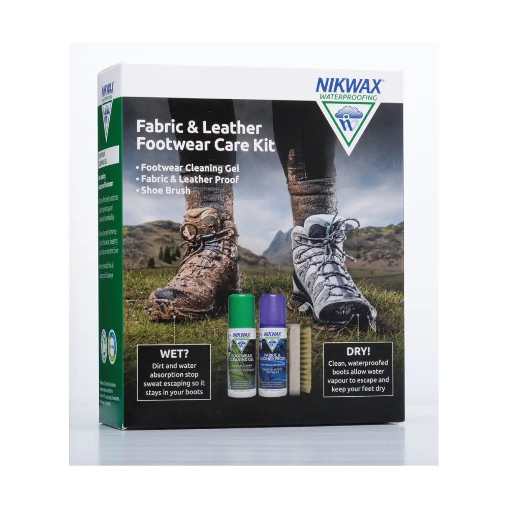 Nikwax fabric and leather proof footcare kit in a self-selling nikwax branded box with two gel bottles and shoe brush