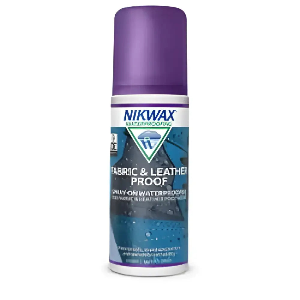 Purple-capped spray can of nikwax fabric and leather proof water based waterproofing for shoes and gear