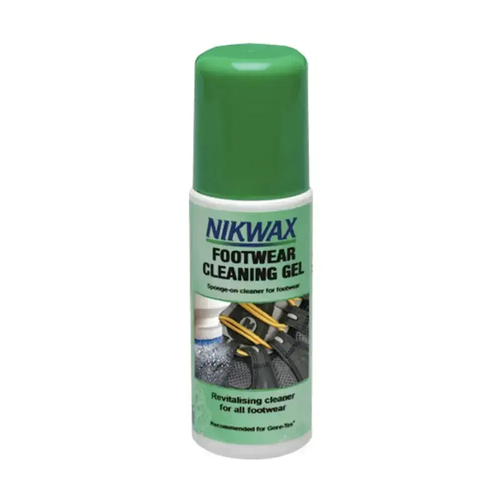 Green-capped nikwax footwear cleaning gel in a white bottle with sponge-on revitalising cleaner for all footwear