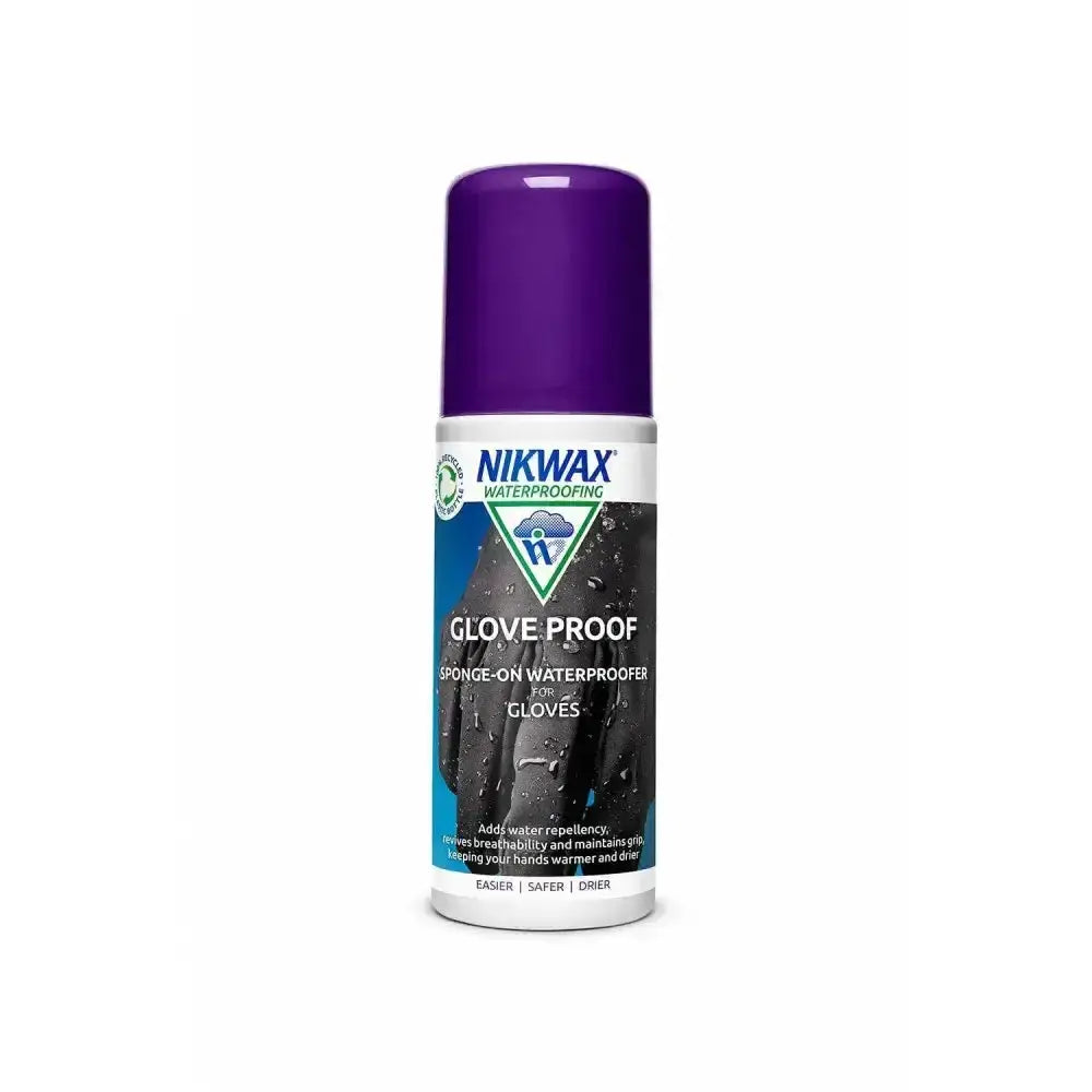 Purple-capped nikwax glove proof waterproofer spray for gloves offers high performance glove proof waterproof treatment