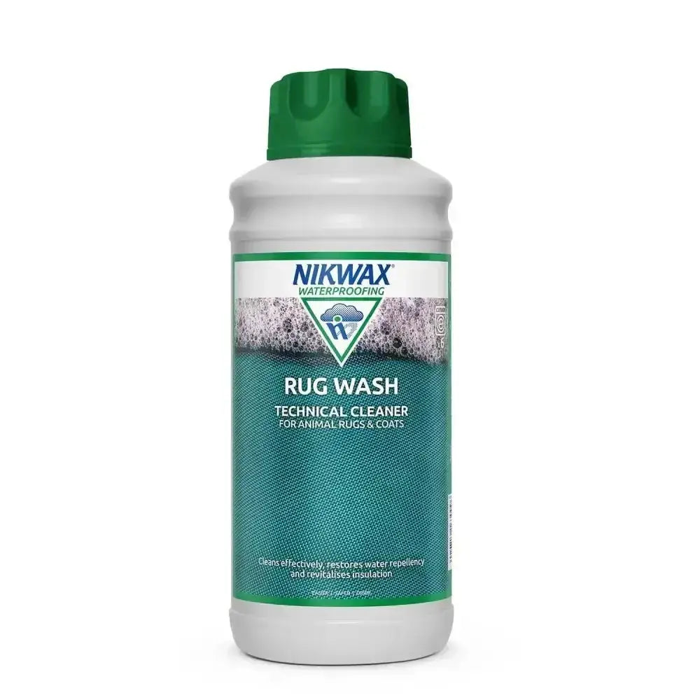 Nikwax rug wash in a white bottle with green cap and teal label non-detergent horse rug wash cleaner