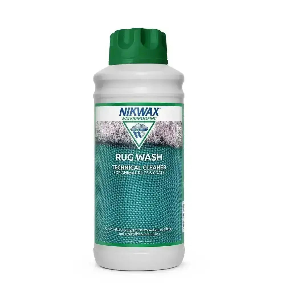Nikwax rug wash white bottle with green cap teal label non-detergent wash-in cleaner for horse rug wash