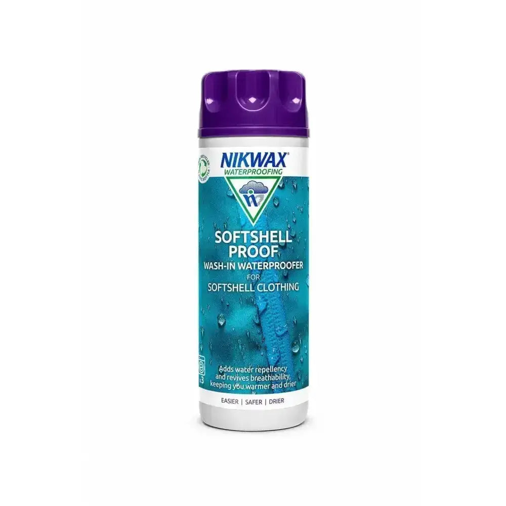 Purple-capped cylindrical bottle of nikwax softshell waterproofing 300ml wash-in waterproofing for softshell clothing