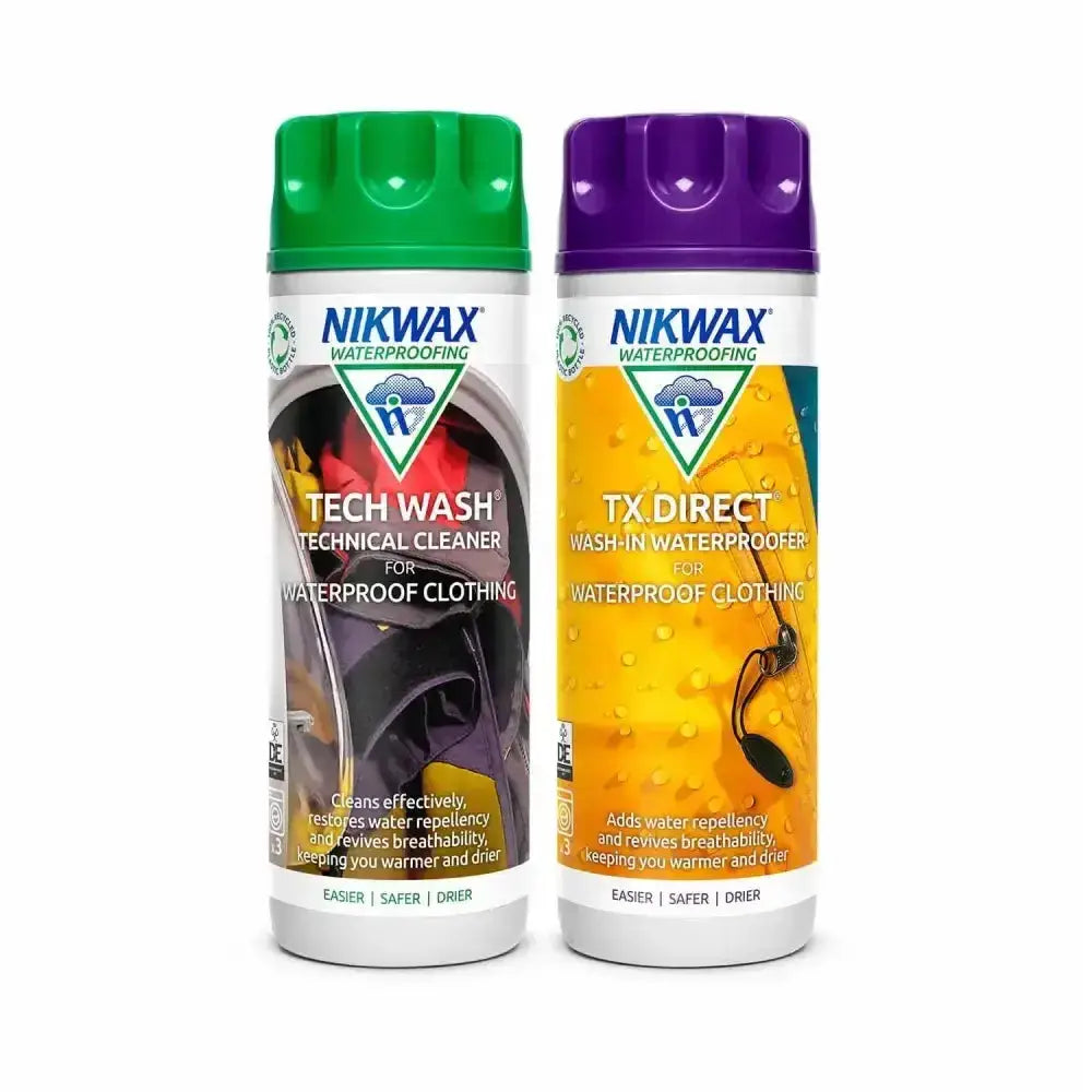 Two nikwax tech wash and tx direct twin pack spray cans for cleaning and waterproofing wet weather clothing