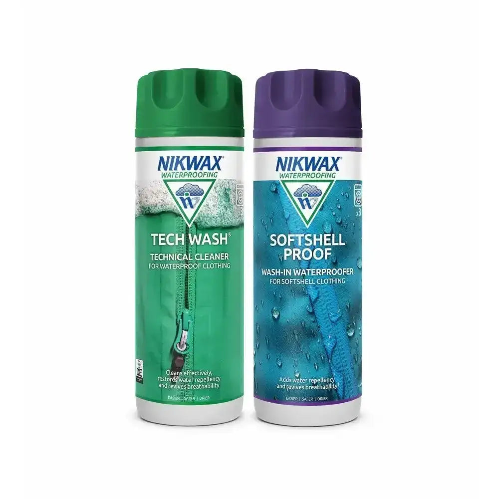 Two nikwax waterproofing spray cans in green tech wash and purple softshell proof twin pack for outdoor gear care