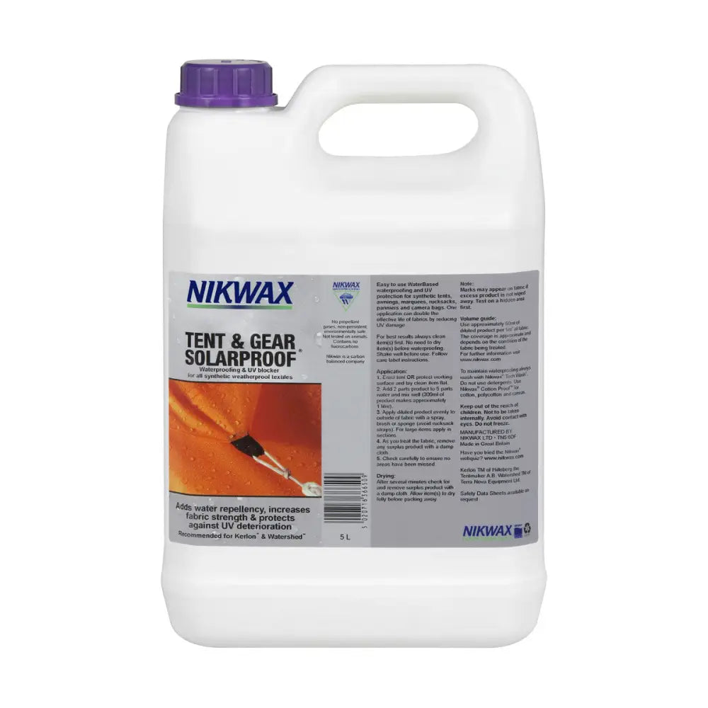 White plastic jug with purple cap and label nikwax tent solar proof spray adds water repellancy for outdoor gear