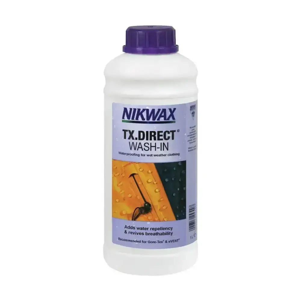 A white plastic bottle with a purple cap and label of nikwax tx.direct wash in high performance waterproofer for waterproof clothing