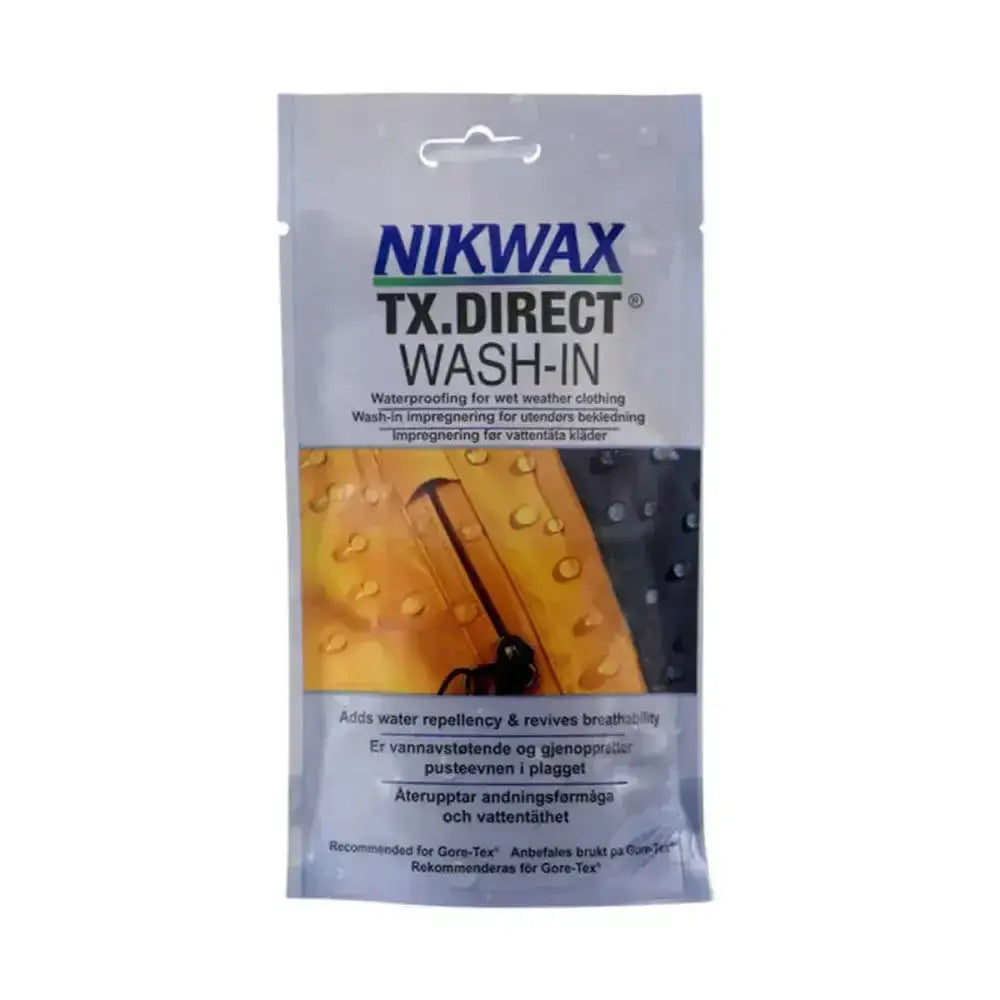 Nikwax tx.direct wash in high performance waterproofer in silver pouch for waterproof clothing and direct wash use