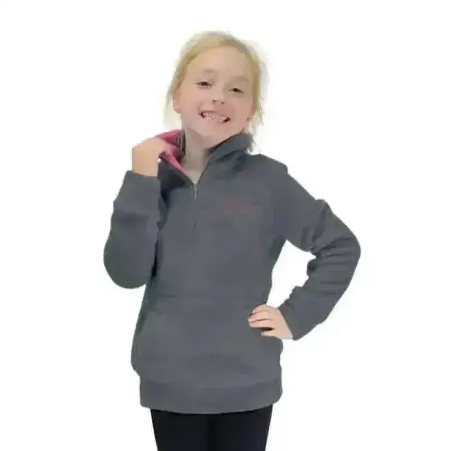 Gray fleece half zip hoodie with pink inner lining made from nina soft fleece soft fleece fabric in practical colours