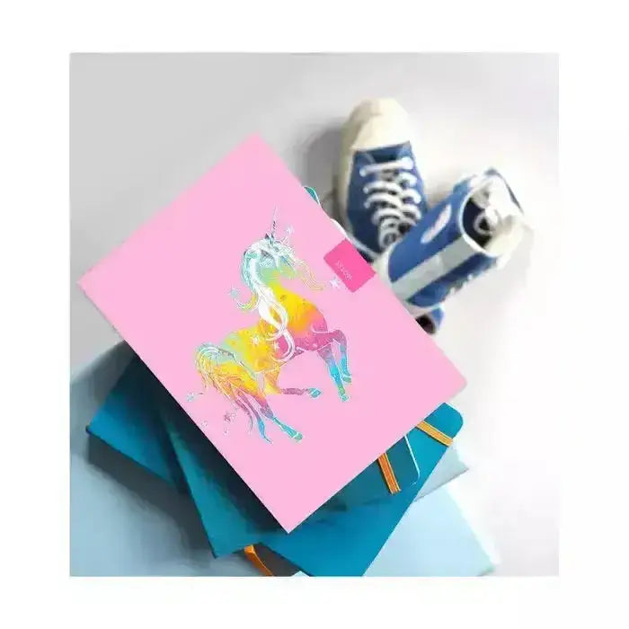Pink notebook with vibrant rainbow starry mythical unicorn cover perfect for handy a6 pocket sized notebooks