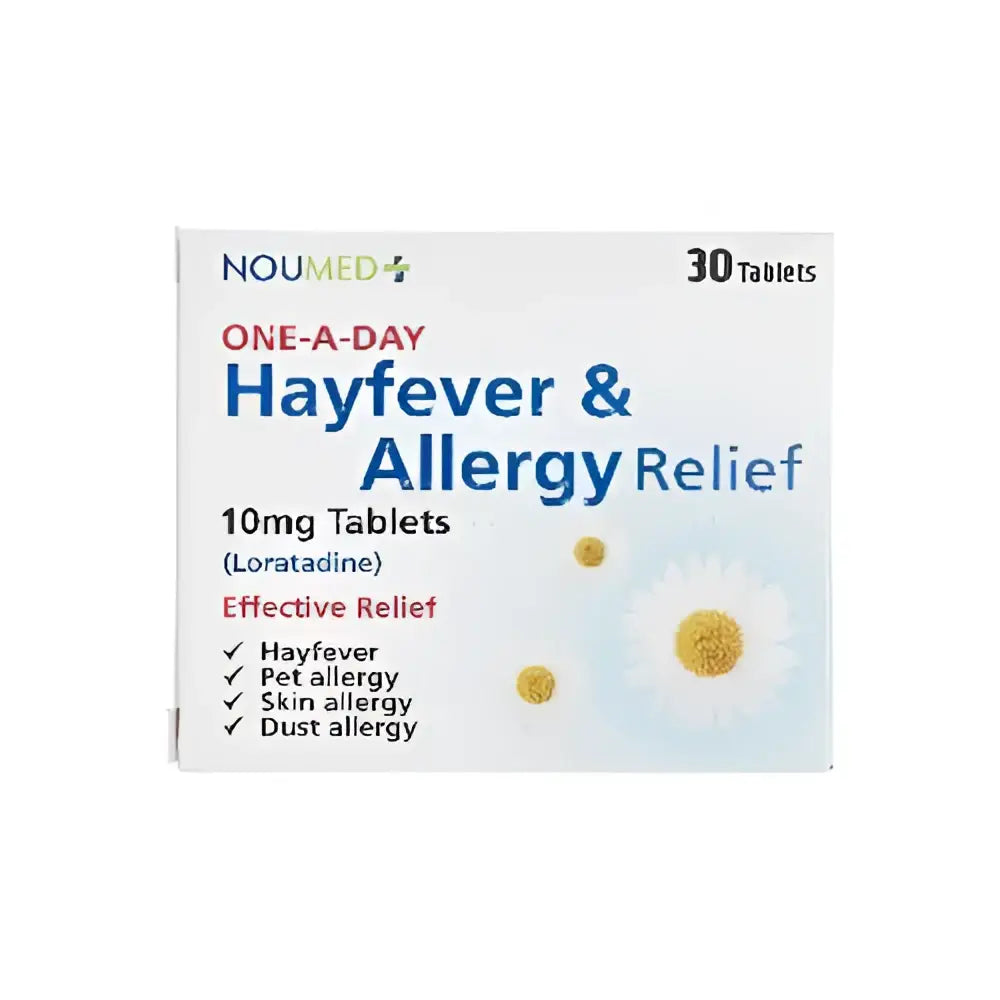 White rectangular box of noumed hayfever allergy pills with daisy design containing 30 tablets of 10mg loratadine