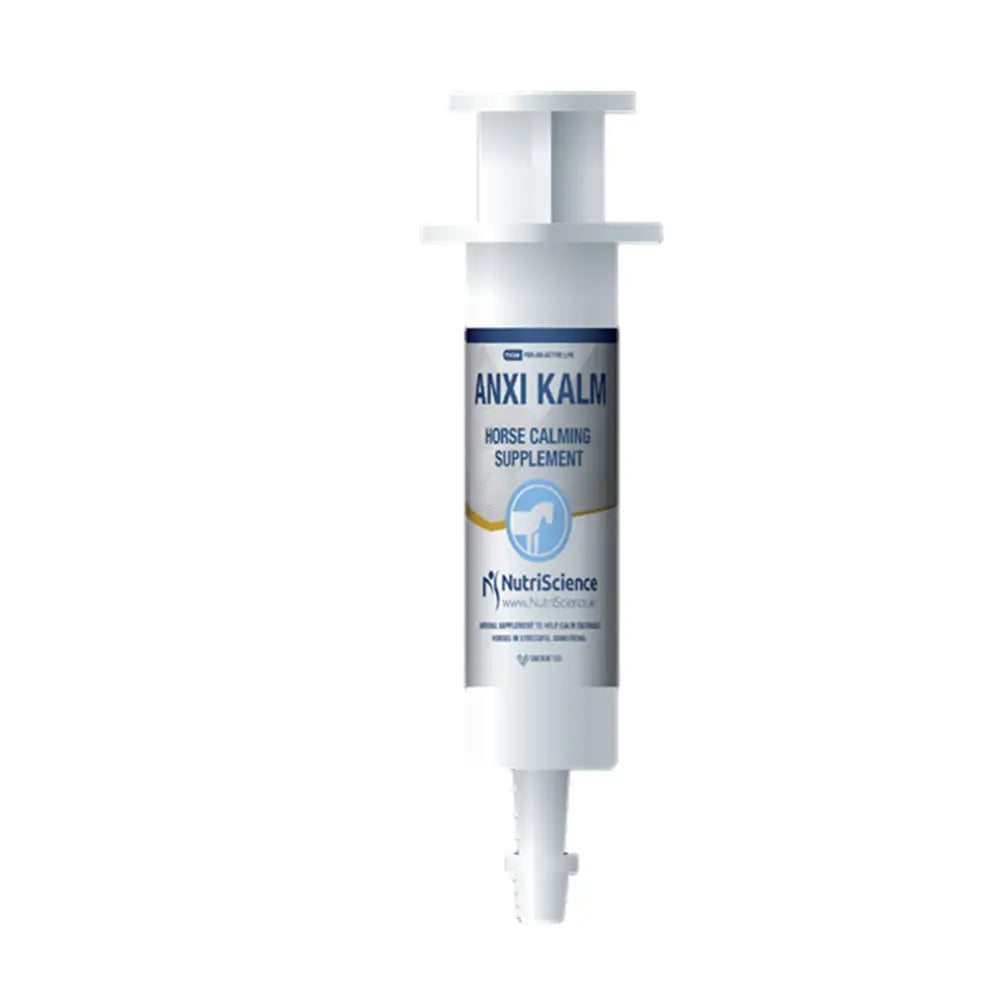 White plastic syringe container of nutriscience anxikalm triple strength gel horse calming supplement