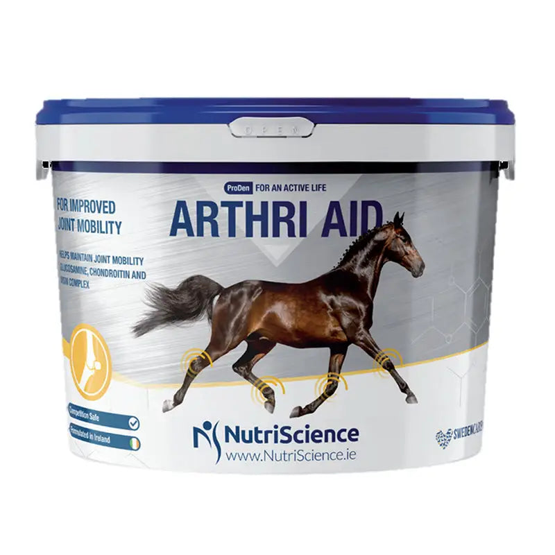 A white and blue plastic tub of nutriscience arthri aid equine joint supplement with a brown horse image to promote regeneration