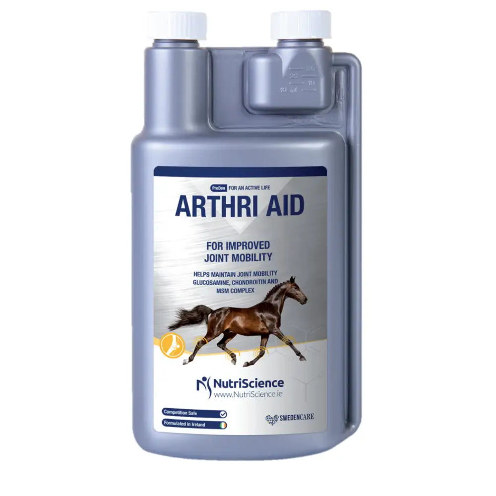 Silver plastic bottle of nutriscience arthri aid equine joint supplement to promote regeneration and aid equine joint health