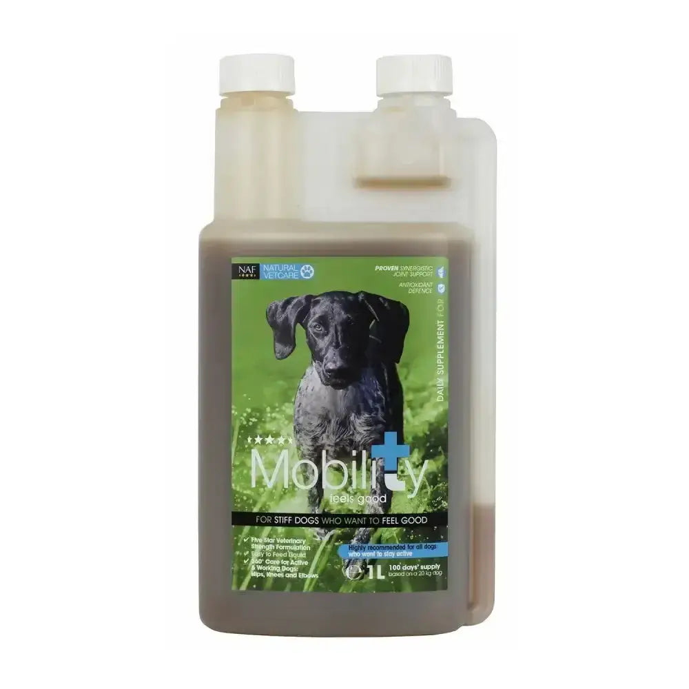 A 1l clear bottle of naf natural vetcare nvc mobility liquid with a green label and black dog for stiff dogs active life