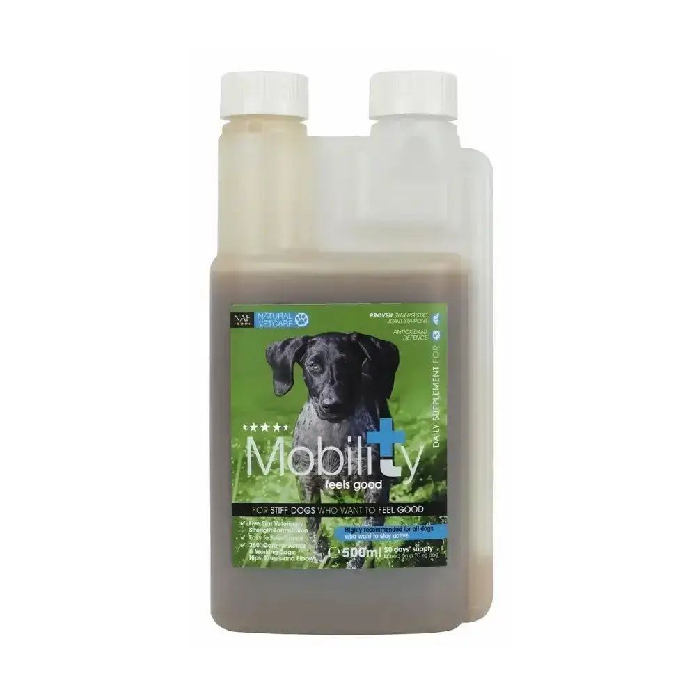 A clear plastic bottle with white cap of nvc mobility liquid with brown liquid for stiff dogs and active life support