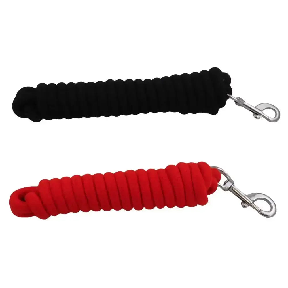 Black and red coiled horse halters with silver metal clasps for natural horsemanship in libbys 12ft horse tack