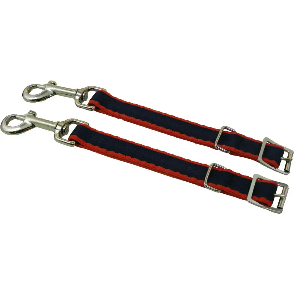 Red and navy blue woven strap schooling cheek pieces by libbys with silver metal buckles and d-rings head piece connectors